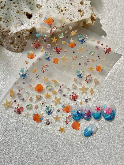 1 Piece Of Crystal Diamond Hot Silver Beach Nail Sticker, Sparkling Ocean Shell Nail Decoration Sticker, Summer Vacation Style DIY Nail Supplies