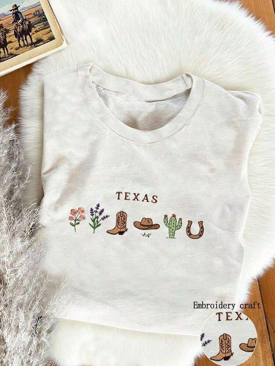 Sudadera con cuello redondo bordada con la flor del estado de Texas, la Bluebonnet, camisa de regalo personalizada con la flor del estado de Texas 1845, camiseta de mujer vaquera del estado americano - Blanco - Ver 1