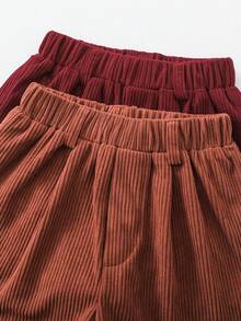 2pcs Girls' Spring/Summer Casual Shorts, Chocolate, Burgundy, Corduroy, Vintage Colors, Elastic Waist - Multicolor - View 3