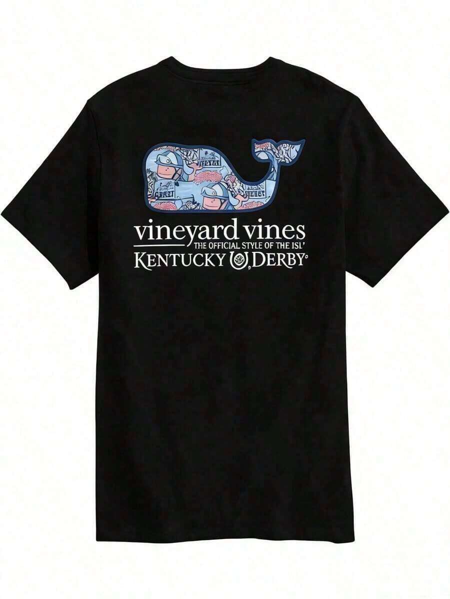 Vineyard Vines Men's Kentucky Derby Sticker Whale Fill Short-Sleeve Pocket Tee Pure Cotton T-Shirt-Fall/Winter Casual Vintage Style Unisex Relaxed Fit Long-Sleeve Crewneck Sweatshirt - 黑色 - 查看 1