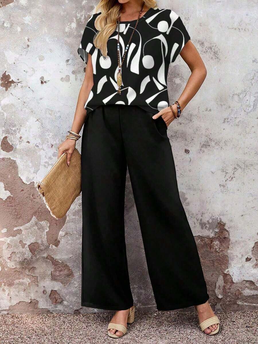 Set de 2 piezas con top de manga corta y pantalón de pierna ancha con estampado geométrico para mujer - Blanco y Negro - Ver 1
