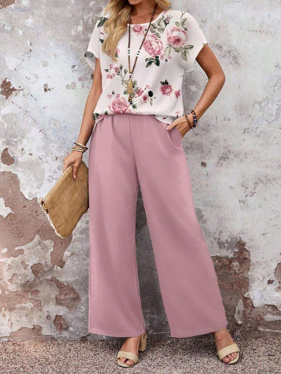 Set de 2 piezas con top de manga corta y pantalón de pierna ancha con estampado geométrico para mujer - Multicolor 11 - Ver 1
