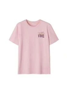 Nueva Camiseta de Verano para Mujer con Cuello Redondo en Gris Oscuro, con Estampado de Letras FINE. Tela suave, cómoda de llevar, perfecta para looks diarios. Informal - Rosa - Ver 3