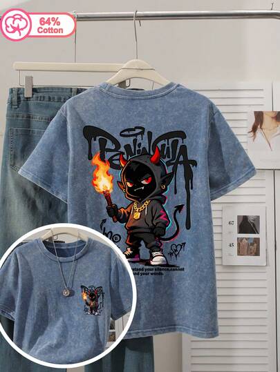 Camiseta de cuello redondo de manga corta de algodón casual y retro con lavado ácido para mujer de talla grande, estilo versátil de verano, estampada con un pequeño patrón de diablo.