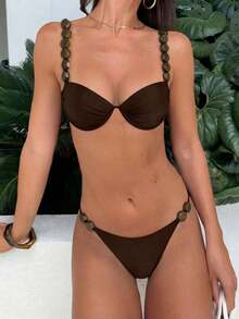 Polovedo Official New Arrival Solid Bikini Swimsuit, Beach Holiday Party Date Vacation Summer - Brown - View 8