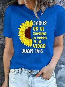 Breathable Oversized Black T-Shirt With Bible Verse "JOHN 14:6" And Sunflower, Christian Faith T-Shirt Jesus Is The Way, Spiritual Quote And Worship Blouse, Gift Tops For Sunday Service, Women's Warm Clothing - 藍色的 - 查看 6