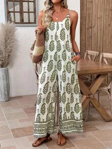 Mono Casual de Pierna Ancha con Bolsillos en Color Sólido para Mujer - Verde 2 - Ver 4