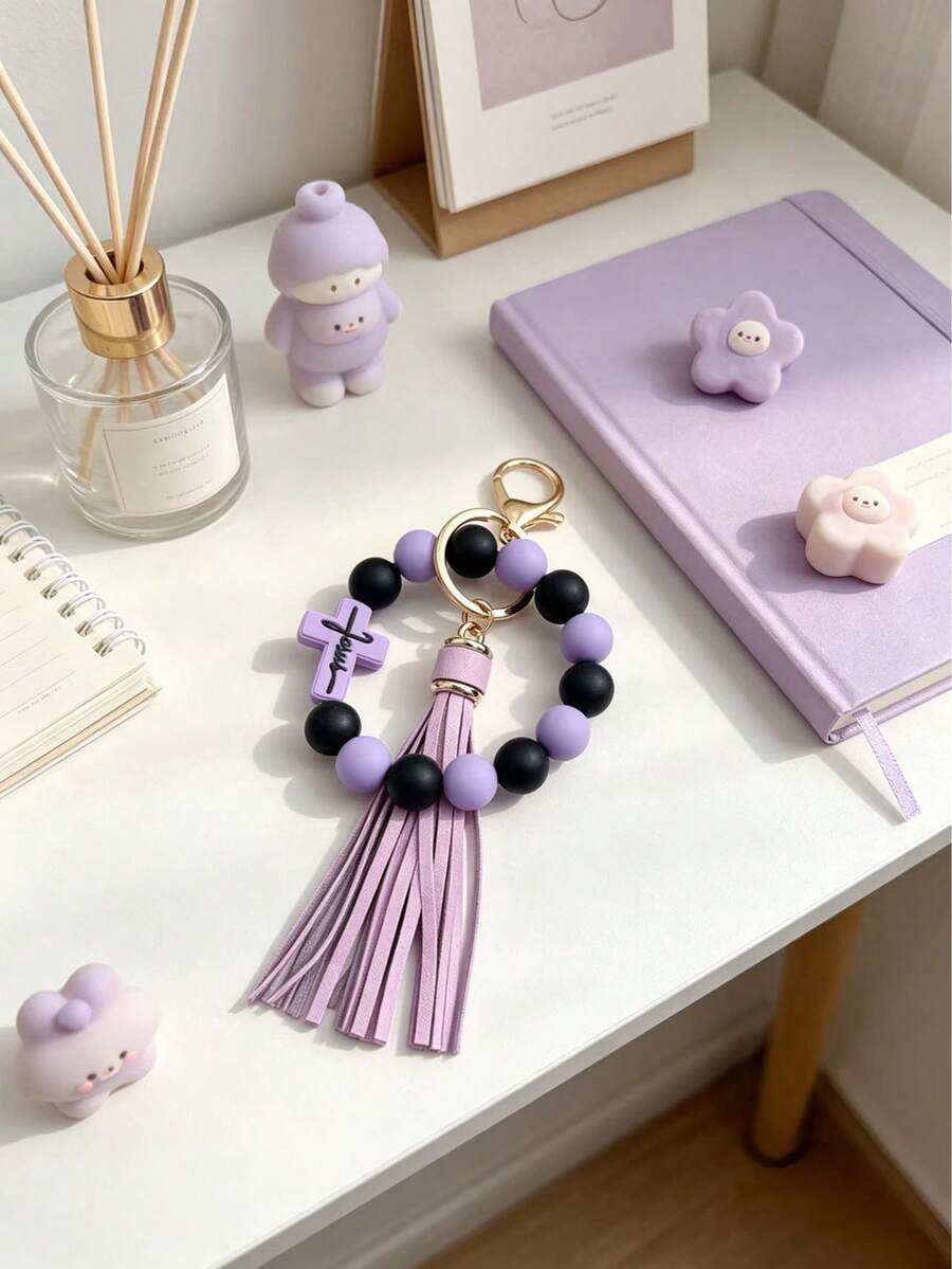 1 pieza Pulsera de cuentas de silicona en forma de cruz, llavero creativo, accesorio colgante, adecuado para amigos, hermanas, madres, uso diario, etiqueta de identidad para evitar pérdidas, regalo de graduación, premio para compañeros de trabajo/clase - Multicolor - Ver 1