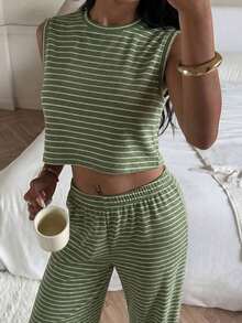 Conjunto de 2 piezas para mujer, top sin mangas a rayas y pantalones, casual - Verde - Ver 3