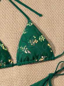 Costavie Swim Mod-D, Conjunto de Bikini Sexy de 2 Piezas con Lentejuelas Coloridas, Tela Especial, Sujetador de Copa Triangular y Braguitas con Lazos Laterales, Primavera/Verano - Verde - Ver 3