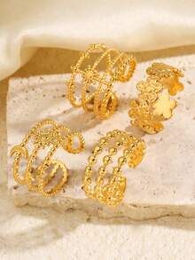 Juego de cadena con cuentas de diseño único, anillos abiertos de acero inoxidable con elementos florales y celestiales, versátil para uso diario, ir al trabajo, fiestas y vacaciones - Dorado - Ver 1