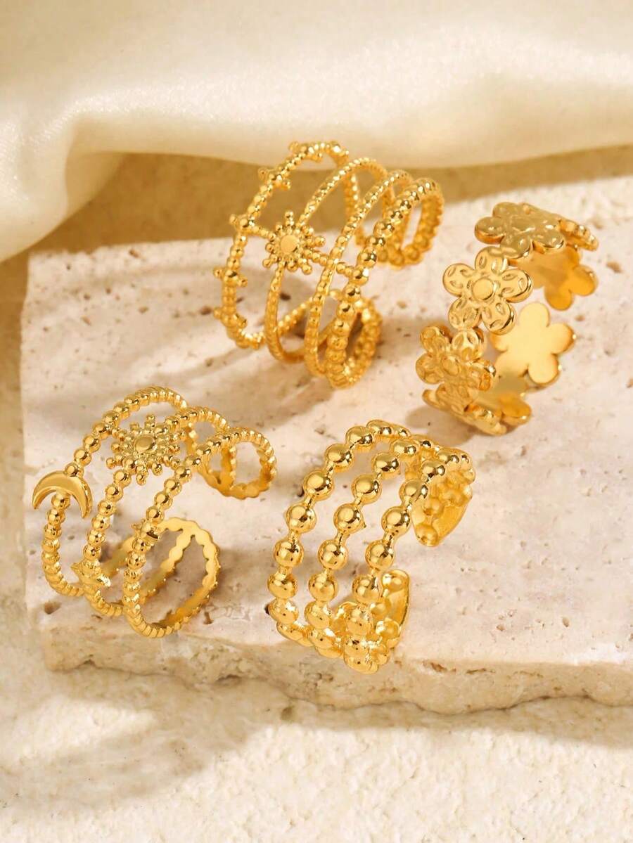 Juego de cadena con cuentas de diseño único, anillos abiertos de acero inoxidable con elementos florales y celestiales, versátil para uso diario, ir al trabajo, fiestas y vacaciones - Dorado - Ver 1