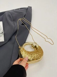 时尚金属色圆形晚宴包，圆环新月形派对手提包，多功能肩背斜挎手拿包，女士 - 金色 - 查看 11