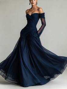 Elegant Strapless Ruched Mesh Maxi Dress For Women 2026 Summer Formal Party Gown Spliced Sheer Overlay - Màu xanh lam - Xem 1