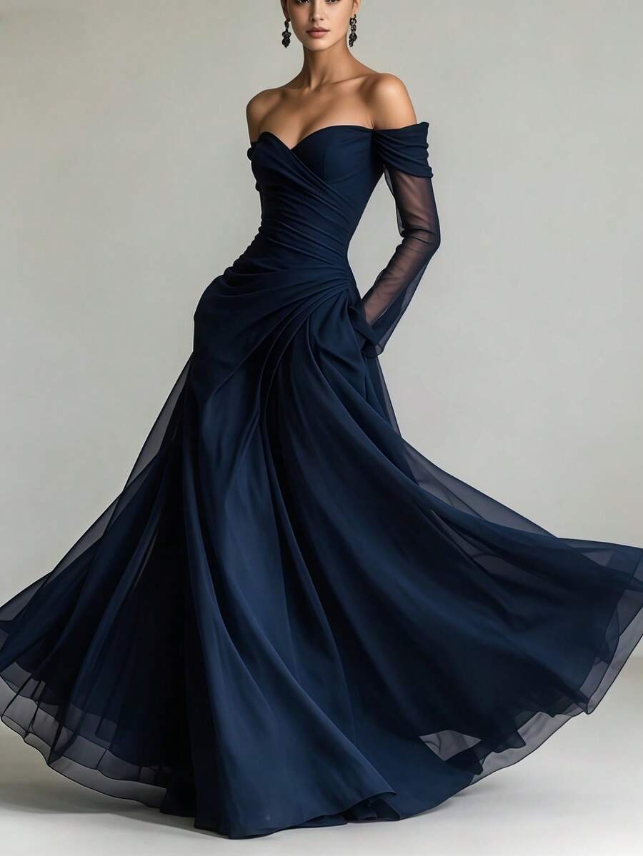 Elegant Strapless Ruched Mesh Maxi Dress For Women 2026 Summer Formal Party Gown Spliced Sheer Overlay - Màu xanh lam - Xem 1