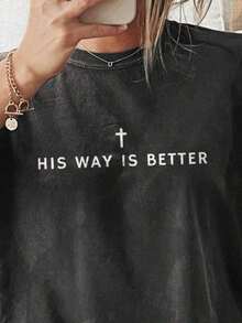 s Mejor', Acabado Vintage Desgastado, Estampado Minimalista de Cruz y Letras, Cuello Redondo, Manga Corta, Casual, para Hombre, Uso Diario en Iglesia, Regalo para Amigos y Familiares, Pascua - Negro - Ver 3