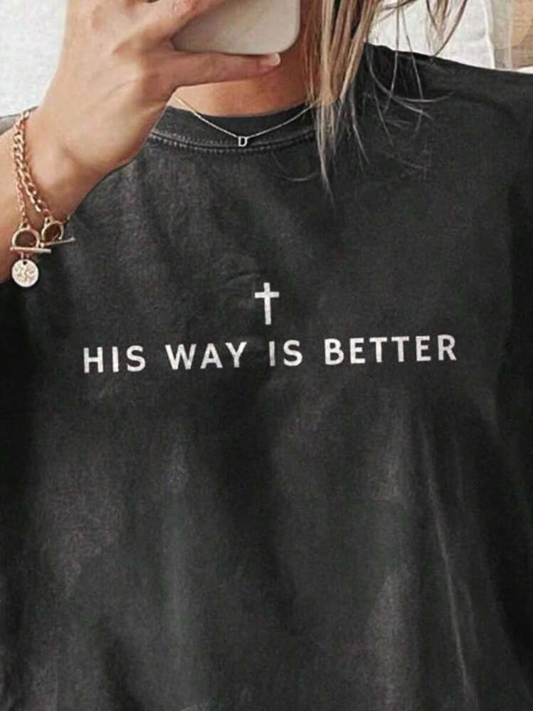 's Best', Distressed Vintage Finish, Minimalist Cross And Letter Print, Crew Neck, Short Sleeve, Casual, Men's, Everyday Wear To Church, Gift For Friends And Family, Easter - 黑色 - 查看 3
