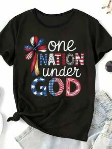 One Nation Under God Patriotic American Flag T-Shirt With Ribbon Design For Independence Day Game Day Mama Celebration USA 4th Of July Apparel - 1 - 查看 3