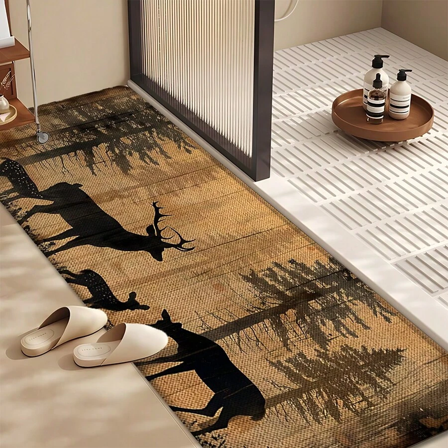 1pc Deer Pattern Printed Linen Kitchen Rug, Carpet, Mat, Bathroom Mat, Doormat, 3D Printed Rectangle, Suitable For Living Room, Bedroom, Hallway, Bathroom, Laundry Room - Polyester Carpet, Indoor Outdoor Home Decor - Multicolor - View 1