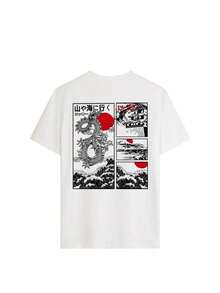 Camiseta de mujer con estampado de dragón japonés y ondas, de hombros caídos y corte holgado, estilo casual urbano Y2K, estética gráfica, transpirable y cómoda para uso diario, salidas a la ciudad, escapadas de vacaciones, reuniones de fin de semana, estilo retro Harajuku Ukiyo-e, camiseta cómoda para looks de moda virales. - Blanco - Ver 3