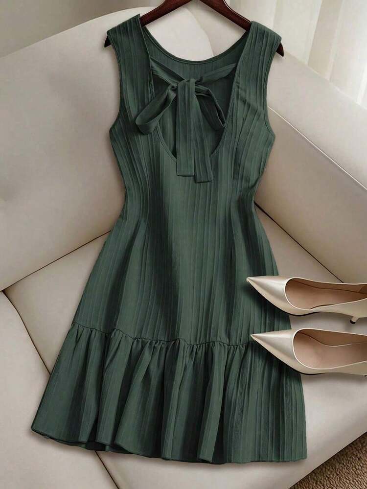 Vestido casual mini de mujer con tirantes de amarre, espalda descubierta, sin mangas, corte evasé y dobladillo con volantes - Verde - Añade 2