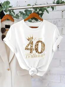 Women's T-Shirt With 'It's My 40th Birthday' Print, Graphic Design T-Shirt With Gold And Sparkling Numbers, Stylish Casual Top For Women And Celebrations - 白色 - 查看 5