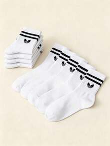 1/5 Pairs Unisex White Striped Mid-Calf Socks, Casual Comfortable Versatile Socks Suitable For Daily Wear, Back To School Season, All Seasons - White - View 3