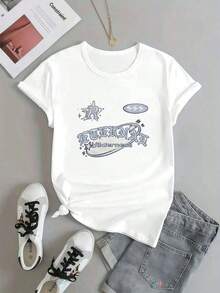 1 pieza de camiseta casual para mujer con estampado gráfico atemporal, primavera, tela premium, cuello redondo, corte holgado, cómoda, estilo urbano hip hop. 180g 100% algodón. - Blanco - Ver 2