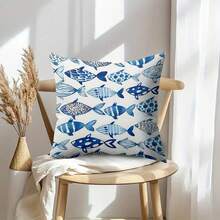 1pc Double-Sided Printed Pillowcase, Multi-Color, Navy Blue Fish Pattern, Coastal Ocean Style, Flat Printed Pillowcase, 100% Polyester Fabric, No Pillow Insert, Ideal For Creating A Cozy And Comfortable Atmosphere In Entryways Or Home Spaces. - Multicolor - View 16
