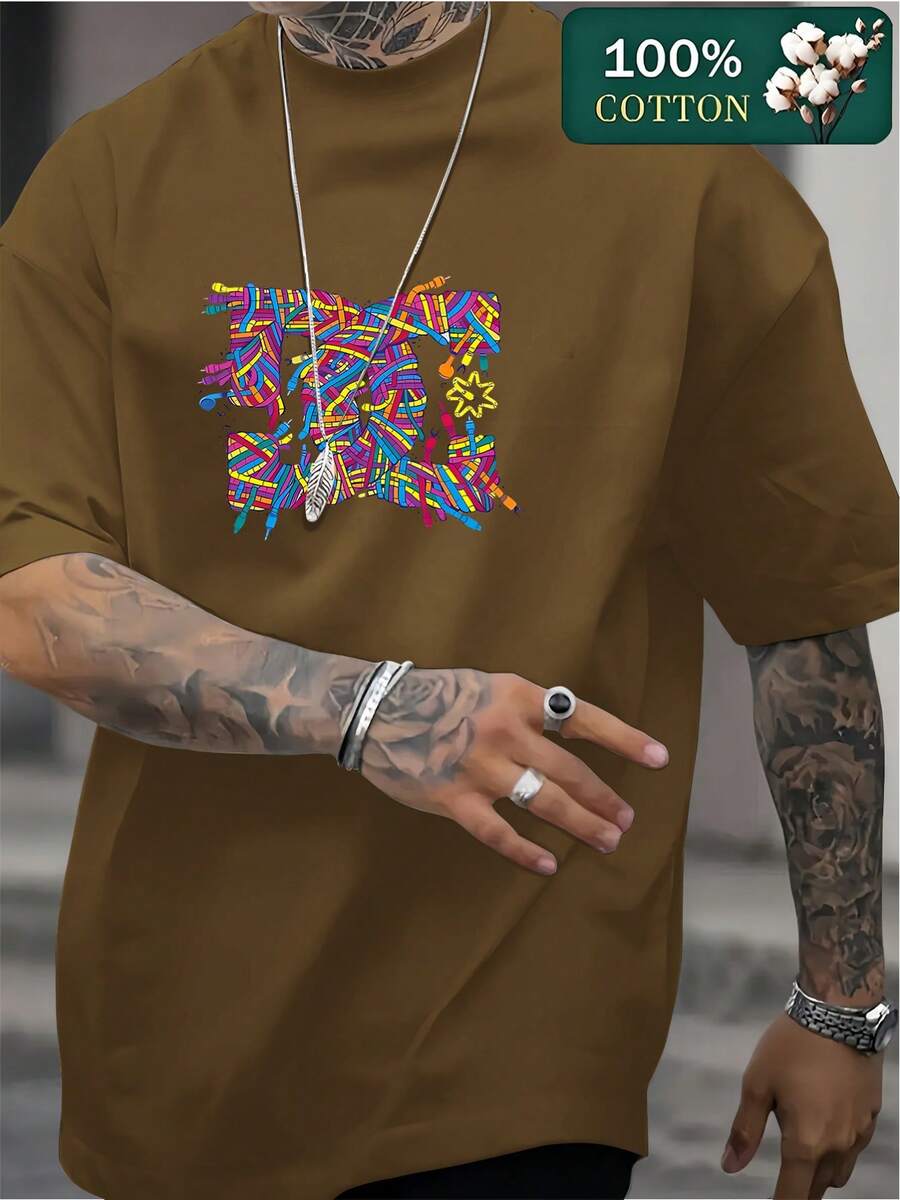 Camiseta de manga corta casual para hombre, camiseta transpirable cómoda de cuello redondo para todo el hogar y actividades al aire libre, camiseta deportiva casual de manga corta con estampado de color sólido de estilo primavera-verano, ideal como regalo para hombre - Marrón claro-1 - Ver 1