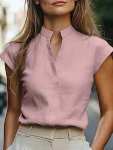 Camisa de mujer de verano casual de unicolor con cuello de muesca - Rosa - Ver 3