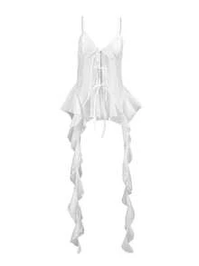 Top tirantes de Tencel blanco estilo americano, con volantes y lazos flotantes, diseño ajustable con cordón, estilo trendy verano - Blanco - Ver 7