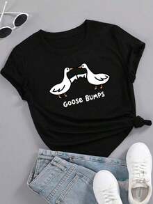 Camiseta casual minimalista de manga corta MOOSTA para mujer, talla grande, con estampado de pato y letras, camiseta gráfica, top de verano para mujer, estilo casual. - Negro - Ver 7