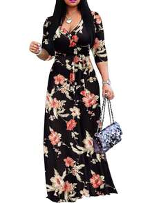 2026 Vestido de mujer con cuello en V y cintura ceñida, manga corta, elegante negro para primavera/verano - Negro 2 - Ver 4