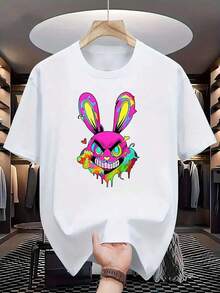 Una playera casual y básica para hombre, con diseño de Conejo animado, estilo rudo americano, para el día a día y los viajes - Blanco - Ver 3