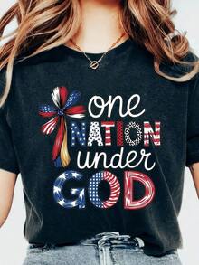 One Nation Under God Patriotic American Flag T-Shirt With Ribbon Design For Independence Day Game Day Mama Celebration USA 4th Of July Apparel - 1 - 查看 1