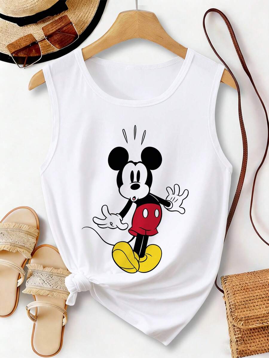 Disney 迪士尼米奇印花女士圆领休闲背心,略带弹性,不透光,易护理面料,适合户外运动和日常穿着。 - 白色 - 查看 1