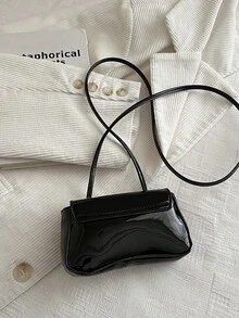 Women's Mini Shiny PU Crossbody Bag, Retro Curved Flap Design, Metal Lock Closure, Adjustable Strap, Fashionable For Daily And Party Wear - Black - View 5