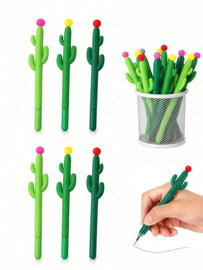 Set de 12 bolígrafos de gel con forma de cactus, de material de silicona suave, diseño adorable, regalo de papelería, útiles escolares y de oficina, vuelta al cole, adecuado para uso escolar y de oficina (tinta negra)