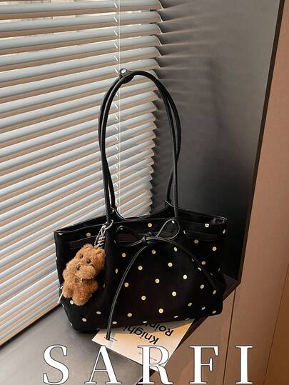 1 Piece Solid Color Spotted Bow Pleated Magnetic Closure Large-Capacity Tote Bag, Stylish And Versatile With Multiple Elements, Suitable For Daily Use, Commuting, Outings, And Travel For Women