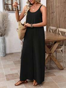 Mono Casual de Pierna Ancha con Bolsillos en Color Sólido para Mujer - Negro - Ver 7
