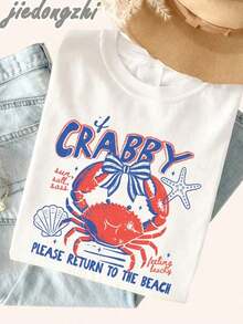 1 pieza: Camisetas con estampado de cangrejo "If Crabby Please Return To The Beach" para mujer, tops de verano, conjuntos de vacaciones para mujer, camisetas casuales de playa, camiseta divertida con estampado de cangrejo, conjuntos de verano para mujer, 180g 100% algodón. - Blanco - Ver 4