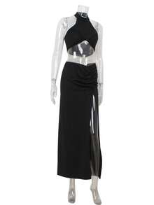 Conjunto de top halter y falda larga con abertura color liso elegante y cómodo - Negro - Ver 5