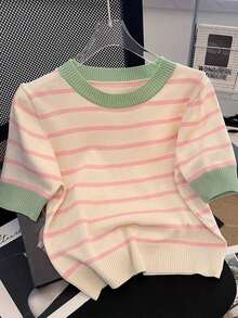 Camiseta de punto de manga corta a rayas de verano para mujer, nueva blusa casual versátil y elegante - Rosa - Ver 1