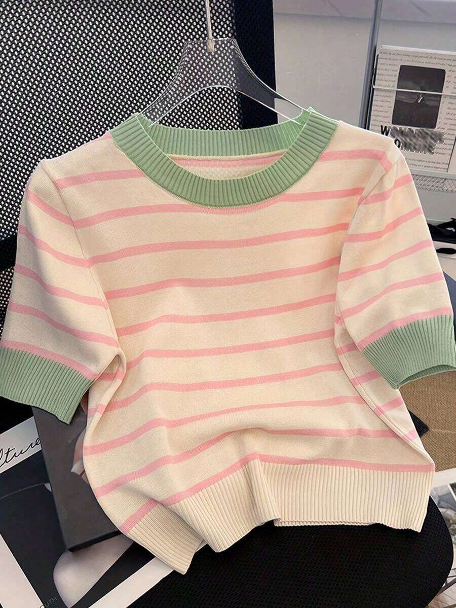 Camiseta de punto de manga corta a rayas de verano para mujer, nueva blusa casual versátil y elegante - Rosa - Ver 1