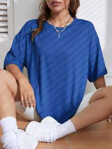 1 piezas de la camiseta de las mujeres, de moda fresco casual camiseta cuello de la tripulación con letras impresas, ropa de suéter de las mujeres para todas las estaciones (primavera, verano, otoño, invierno), traje para deportes / playa / calle / fiesta, como regalo para él / ella, amigos-180g y 100% algodón (S-3XL, Envío local) - azul real - Ver 4