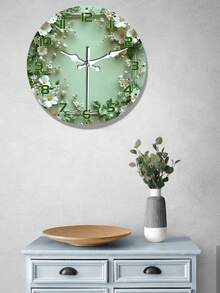 10-Inch/12-Inch Silent Wall Clock With Wreath Design - Light Green Wooden Surface, White Flowers And Green Leaves - Elegant European Round Clock Suitable For Living Room Or Study - Battery Not Included - Multicolor - View 2