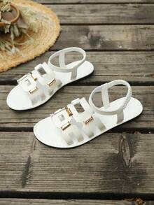 Women's Elegant Casual Flat Open-Toe Sandals, Fashionable Gold Studded Decor, Elastic Ankle Strap, Comforable Lightweight Breathable Summer Gladiator Sandals For Outdoor, Beach, Vacation, Daily Commute & Party - White - View 4