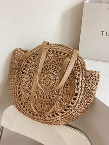 Hollow Out Large Capacity Woven Bag, Versatile Vacation Beach Straw Tote Bag, Commute Artistic Style Shoulder Handbag - Brown - View 1