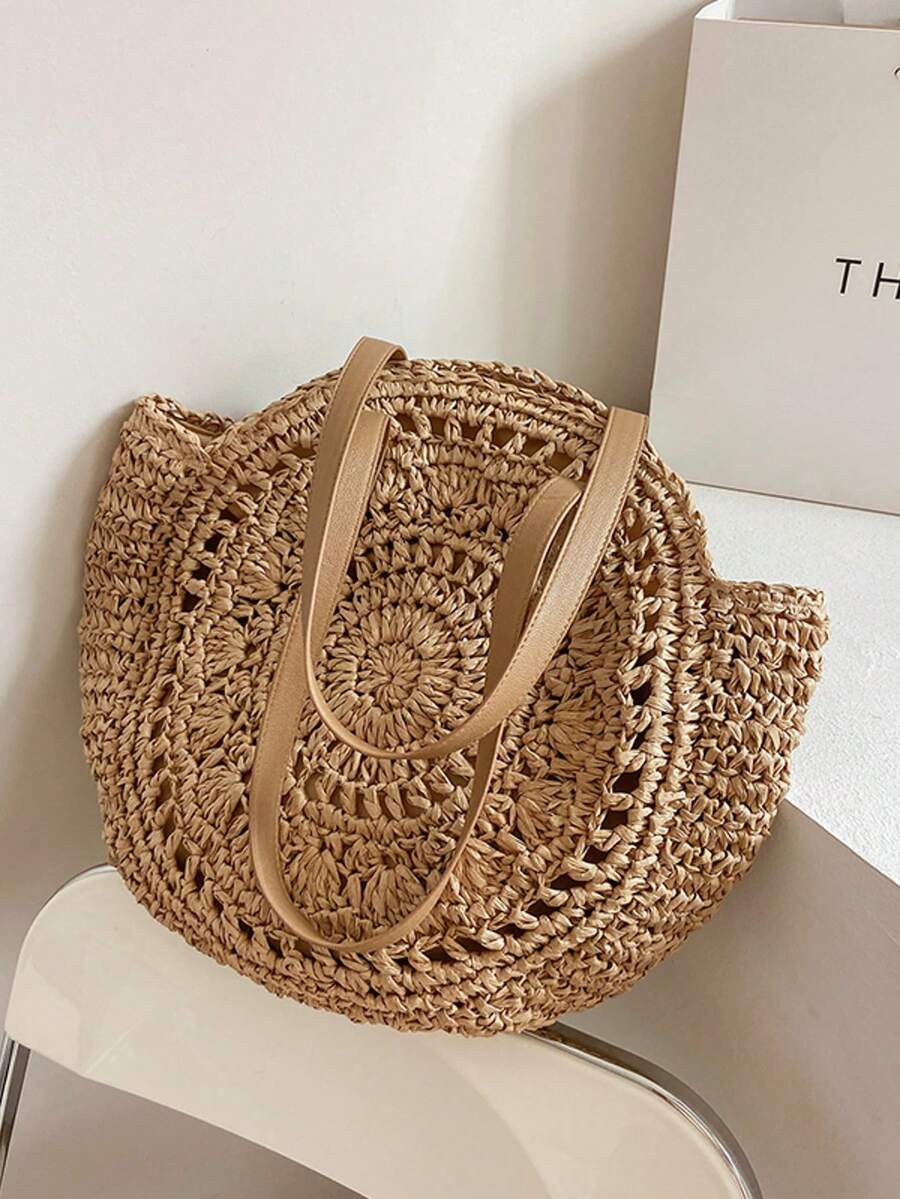 Hollow Out Large Capacity Woven Bag, Versatile Vacation Beach Straw Tote Bag, Commute Artistic Style Shoulder Handbag - Brown - View 1